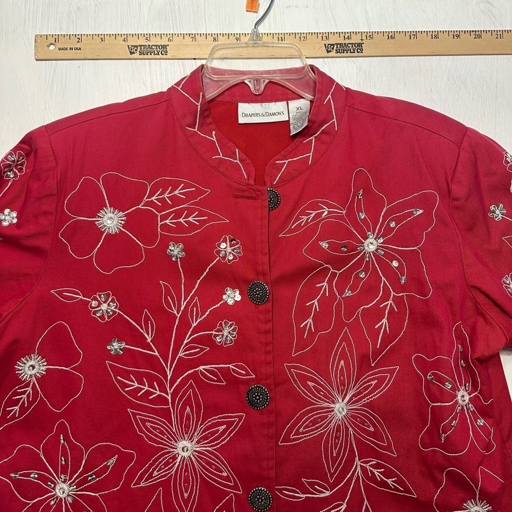 Draper’s & Damon’s Jacket XL Red Floral Embroidered Sequin Beaded Button Front - Picture 3 of 9